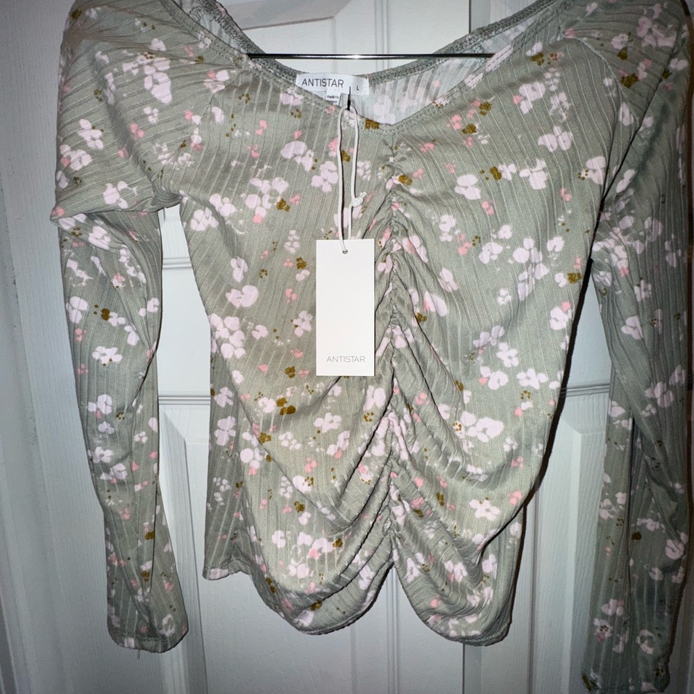 Floral Ruched Women Top - Green and Pink